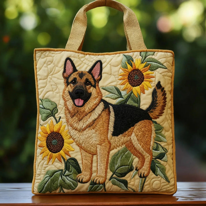 Deutscher Schäferhund mit Blumen — handwerklich gesteppte Tasche