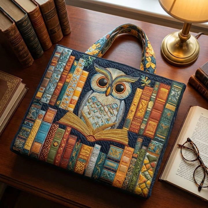 Eule mit Vintage-Büchern — Handwerklich gesteppte Tasche