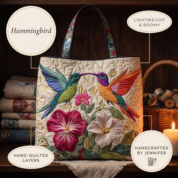 Kolibri und weiße Blumen — handwerklich gesteppte Tasche
