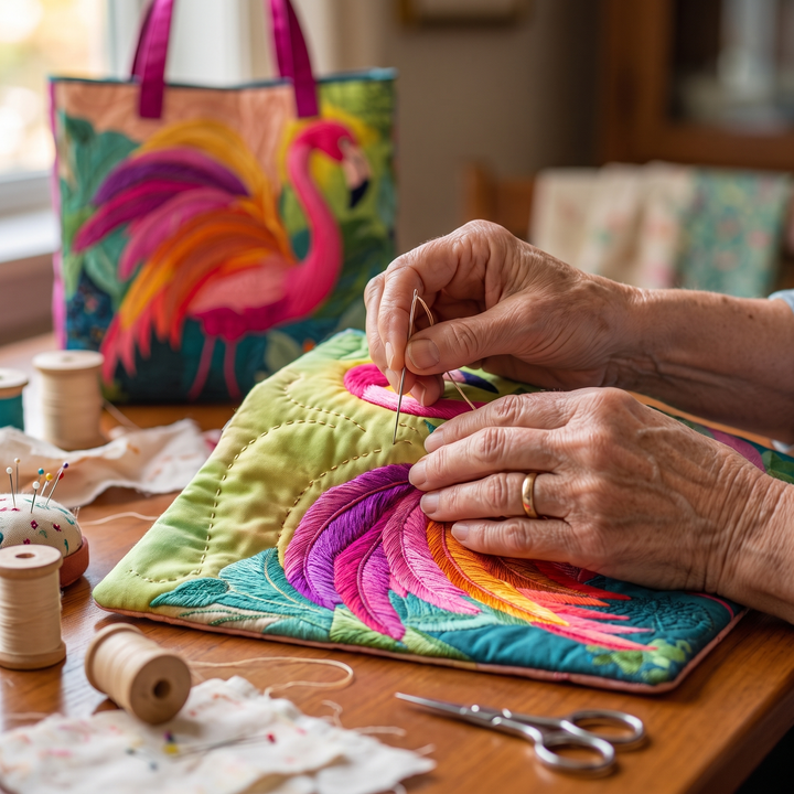 Regenbogenflamingo — handwerklich gesteppte Tasche