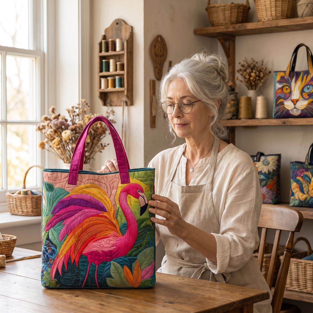 Regenbogenflamingo — handwerklich gesteppte Tasche