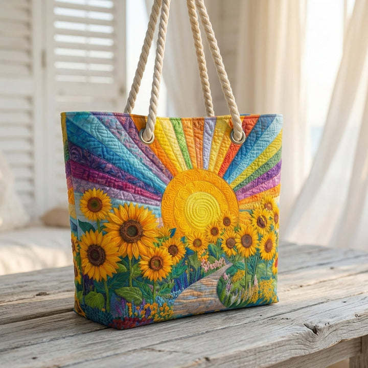 Regenbogensonne — handwerklich gesteppte Strandtasche