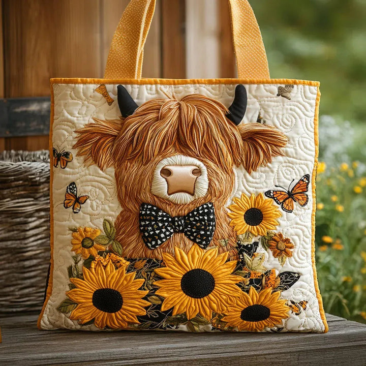 Schottisches Hochlandrind mit Sonnenblumen — handwerklich gesteppte Tasche