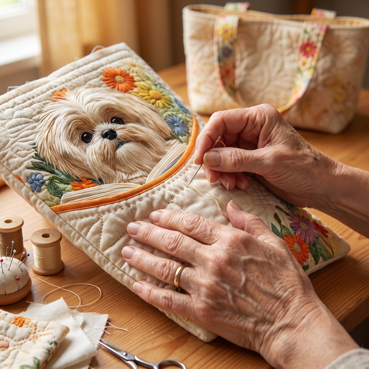Shih Tzu mit Büchern und Blüten — Handwerklich gesteppte Tasche