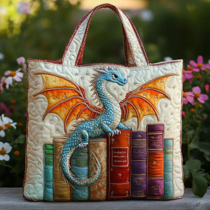 Smaragdgrüner Drache, Bücherwächter — handwerklich gesteppte Tasche