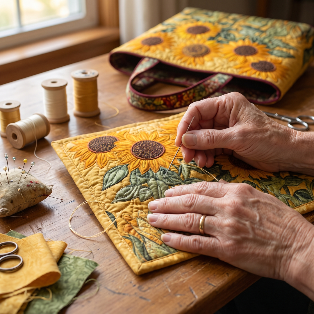 Sonnenblumen — Handwerklich gesteppte Tasche