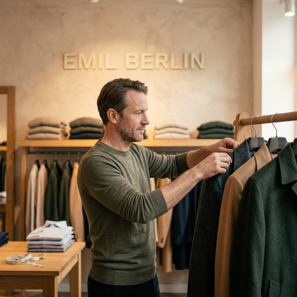 Inhaber von Emil Berlin sortiert Wollmäntel im Ladengeschäft