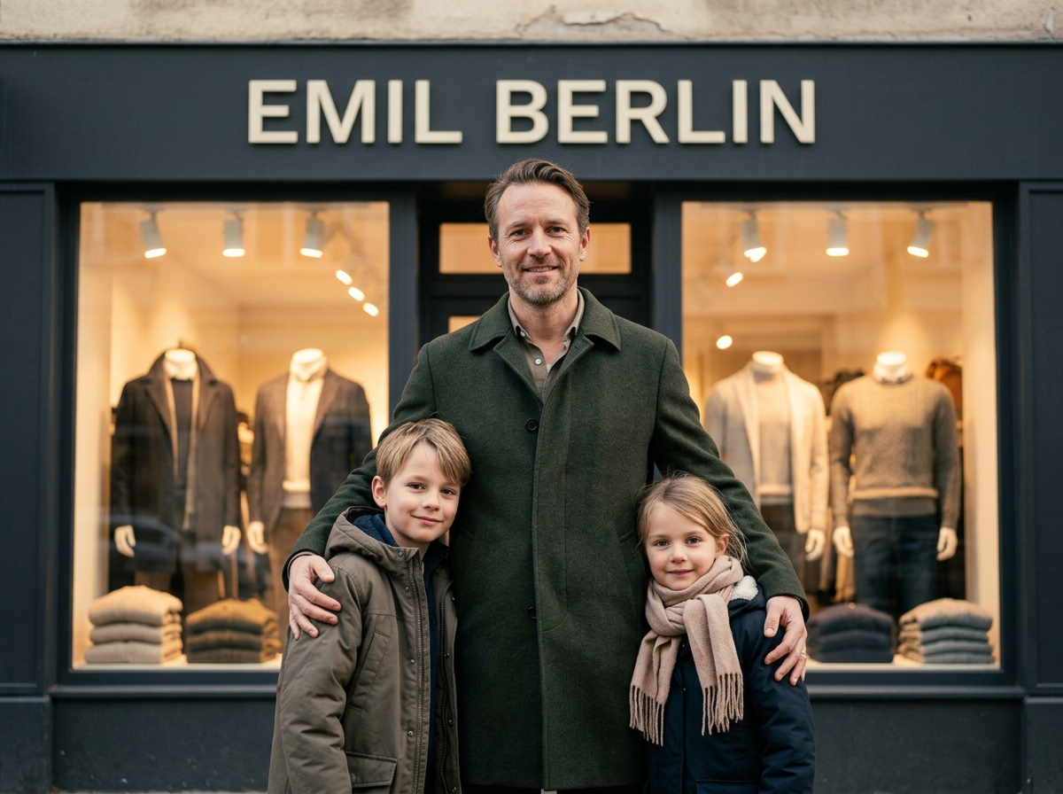 Inhaber von Emil Berlin mit seinen Kindern vor dem Ladengeschäft in Berlin